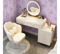 AnYaBinni Toeletta da Trucco con Luci LED Specchio, 3 Colori e Luminosità Regolabile, Postazione Trucco con 5 Cassetti in Legno, Sedia Velvet per Ragazza, Donna, L: 80/100 CM