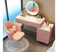 AnYaBinni Toeletta da Trucco con Luci Specchio, 3 Modalità Colore e Luminosità Regolabile, Postazione Trucco con 5 Cassetti in Legno e Sedia in Velluto per Ragazza, Donna, L:80/100 CM