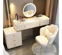 AnYaBinni Toeletta da Trucco con Specchio Illuminazione a LED, 3 Modalità di Colore, Postazione Trucco Moderna con 5 Cassetti in Legno Massiccio, Velluto Sedia per Bambine, 80/100 * 40 * 76 CM