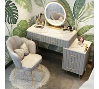 AnYaBinni Toeletta Set con LED Specchio, 3 Colore Luci Regolabili, Postazione Trucco con 5 Cassetti in Legno, Sedia in Velluto, Moderno Stile, Bianco/Grigio/Rosa