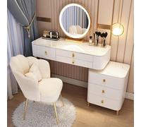 AnYaBinni Toeletta Trucco con Specchio und Luci LED 3 Colori, Toletta da Trucco con 6 Cassetti in Legno e Sedia Cosmetica per Soggiorno, Camera da letto, 80/100 * 40 * 78 CM