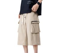 Anybird Pantaloncini Cargo da Uomo con Vita Elastica e Coulisse, Lunghezza Sotto il Ginocchio, Pantaloni Capri Larghi 3/4 con Tasche con Cerniera,Cachi,6XL
