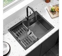 ANYCEE Lavello Cucina 1 Vasca 60x45 cm, Lavello Nero in Acciaio Inox con Foro e Cestello, Lavandino Cucina Nero per Mobile da 60cm, Lavelli da Incasso o Banco con Sifone e Scarico