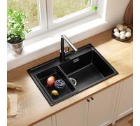 ANYCEE Lavello Cucina Nero 70x46 cm, Lavandino Cucina 1 Vasca con Cestello di Scarico, Lavello Granito per Mobile da 70 cm, Lavandino Nero di 80% Sabbia Quarzo con Sifone e Scarico
