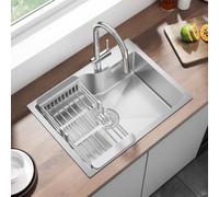 ANYCEE Lavello in Acciaio Inox 60 x 45 cm, Lavello Cucina 1 Vasca con Foro e Cestello, Lavandino Cucina per Mobile da 60cm, Lavelli da Incasso o Banco con Sifone e Scarico