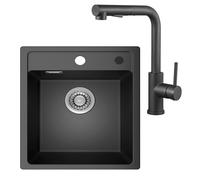 ANYCEE Lavello Nero 50x46 cm, Lavello da incasso in quarzo 80% con Rubinetto Lavello Cucina, 1 vasca, sifone e miscelatore inclusi, per basi da 50 cm