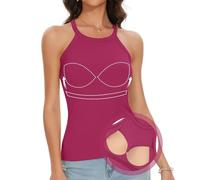 ANYFITTING Canotta Donna con Reggiseno Incorporato Top di Base Estiva Sport a Girocollo Halter Camicia Casual Canotte Elastico Senza Maniche Maglietta Rosa a Coste Rosso M