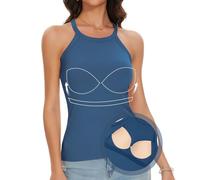 ANYFITTING Canotte con Reggiseno Incorporato Top da Donna Casual Camicetta in a Girocollo Halter Senza Maniche Canottiere Elegante con Reggiseno Incorporato Costata Blu L