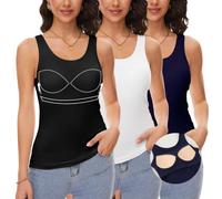 ANYFITTING Canottiera da donna con reggiseno integrato, senza maniche, basic, scollo a U, imbottita, senza stiratura, per yoga, S-3XL, 0350 nero + bianco + blu, M