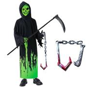 Anyingkai Costume Mietitore Bambino con Guanti, Falci,Costume da Morte Set,Vestito Fantasma Halloween Bambino,Costume Della Morte Bambino,Grim Reaper Costume per Halloween,Giochi di Ruolo,Carneval (L)