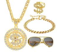 Anyingkai Kit Costume Hip Hop,Hip Hop Costume Kit 80s 90s,Collana con Segno Del Dollaro,Set Accessori Rapper Costume Hip Hop,Anello Dollaro Uomo,Anello Dollaro Americano,Hip Hop Festa Carnevale (4A)