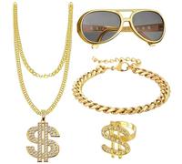 Anyingkai Kit Costume Hip Hop,Hip Hop Costume Kit 80s 90s,Collana con Segno Del Dollaro,Set Accessori Rapper Costume Hip Hop,Anello Dollaro Uomo,Anello Dollaro Americano,Hip Hop Festa Carnevale (4B)