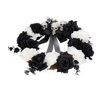 Aoaoy Corona Di Halloween, Maschio di Plastica Mortale Cranio Nero Bianco Fiori Decorazione, Ideale per la Casa Infestata, con una Dimensione di 35x10x35 Cm