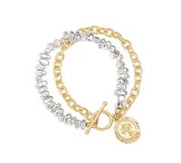 Aobei Perla due toni a strati braccialetti per le donne Oro e argento Bracciale in metallo misto Chunky Dichiarazione Moneta Charm Bracciale con Toggle