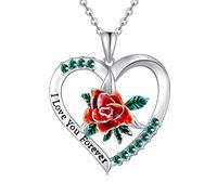 AOBOCO Collana con Cuore Donna Argento 925 con Rosa Eterna Cristalli Idee Gioielli Regalo Compleanno Anniversario Natale San Valentino per Lei e Mamma