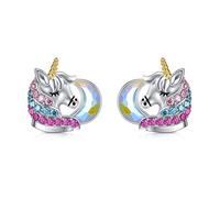 AOBOCO Orecchini a cerchio per bambini, in argento sterling 925, con unicorno, regalo di compleanno per ragazze e donne, Cristallo, cristallo