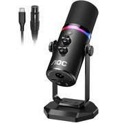 AOC Microfono dinamico, microfono da gioco per PC con luce RGB, microfono USB/XLR per podcast per registrazione, streaming, voce e canto, con pulsante mute, jack per cuffie da 3,5 mm, supporto da