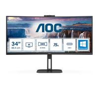 AOC CU34V5CW - Monitor curvo WQHD da 34 pollici, webcam da 2 MP, altoparlante, altezza regolabile 3440 x 1440, 100 Hz, HDMI, DisplayPort, USB-C, hub USB Nero, Regolazione altezza - Webcam