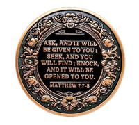 Aocass Moneta cristiana/sobrietà | Set regalo per il recupero e la religione | Matteo 7: 7-8 Versi biblici ispiratori | Regalo basato sulla fede per lei/lui | Decorazione per la casa (rame vintage)