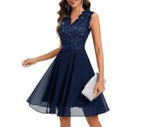 AOCZZ Abito da donna in chiffon glitterato e pizzo | pizzo morbido e chiffon leggero, elastico in vita, paillettes discrete, linea ad A, lunghezza al ginocchio