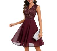 AOCZZ Abito da donna in chiffon glitterato e pizzo | pizzo morbido e chiffon leggero, elastico in vita, paillettes discrete, linea ad A, lunghezza al ginocchio