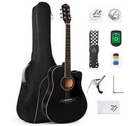 AODSK Chitarra acustica per principianti, 104 cm, in abete massiccio, kit con custodia, accordatore, capotasto, plettri, tracolla, mano destra, nero, AG-41BK