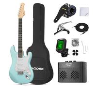 AODSK Chitarra elettrica con amplificatore per principianti, kit da 99 cm, corpo solido, full size, pickup SSS, tutti gli accessori, accordatore digitale, sei corde, quattro plettri, barra tremolo,