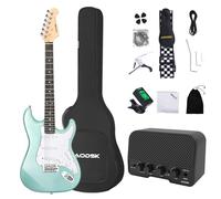 AODSK Chitarra elettrica con amplificatore per principianti, kit da 99 cm, corpo solido, full size, pickup SSS, tutti gli accessori, accordatore digitale, sei corde, quattro plettri, barra tremolo,