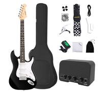 AODSK Chitarra elettrica in legno di mogano con amplificatore per principianti kit da 99 cm corpo solido full size, pickup SSS, tutti gli accessori, accordatore digitale, sei corde, quattro plettri