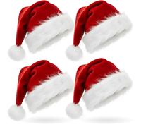 AOGU Confezione da 4 Cappelli di Peluche da Babbo Natale, in Velluto Rosso, per Feste di Natale, Adatti per Adulti e Bambini