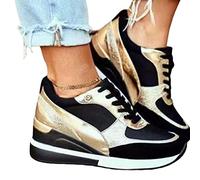Aoguaro Scarpe da ginnastica alla moda da donna, casual, con tacco alto e fondo spesso, casual, con zeppa, testa rotonda, con lacci, colore bloccante, da indossare tutti i giorni