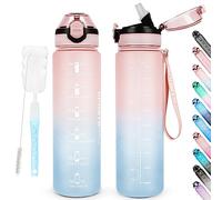 AOHAN Borraccia sportiva senza BPA da 1 l, con cannuccia, lavabile in lavastoviglie, bottiglia d'acqua motivazionale a tenuta stagna con indicazione del tempo, non tossica per mensa (Blu Rosa)