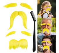 Aohcae Set di 2 baffi e sopracciglia gialle da incollare, con spazzola per barba, costume da baffi per cosplay, Halloween, feste di Natale, compleanno e feste in maschera