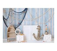 Aoihrraan 2,7x1,8m Nautico Ancora Sfondo Bambino Blu Legno Tavola Bianco Stecca Rete Pesca Timone Torre Faro Barca Fondale Fotografia Mariner Baby Shower Sailor Ragazzo Compleanno Bambino Fotografico