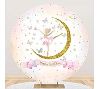 Aoihrraan 220cm Diametro Buon Compleanno Rotondo Fotografia Sfondo Balletto Ragazza Colore Farfalla D'Oro Glitter Punti Luna Rosa Fondale Dolce Ballerina Festa Bambino Ritratto Puntelli Fotografico