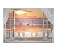 Aoihrraan 3x2,5m Paesaggio Marino Finestra Backdrop Mare Tramonto Nave Barca Balcone Tenda Bianca Fotografia Sfondo Baby Shower Adulto Vacanza Viaggio Di Miele Decorazione Foto Studio Props