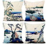 Aoihrraan 40x40cm Set Di 4 Stampa Artistica Giapponese Federe di Cuscini 36 Viste Monte Fuji Inverno Natura Morbido Peluche Corto Quadrato Copricuscini Divano Giappone Taverna All'Aperto Sofà Tatami