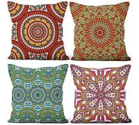 Aoihrraan 40x40cm Set di 4 Stile Boho Federe Cuscini Rosso Verde Boemo Mandala Fiore Modello Morbido Peluche Corto Quadrato Copricuscini Divano Letto Camera Agriturismo All'Aperto Giardino Divano