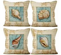Aoihrraan 41x41cm Confezione da 4 Mediterraneo Stile Copricuscini Divano Retrò Mare Conchiglia Conchiglie Federe Per Cuscini Decorazione In Lino Camera Da Letto Soggiorno All'Aperto Giardino Divano