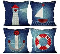 Aoihrraan 41x41cm Confezione da 4 Nautico Vela Copricuscini Divano Denim Struttura Blu Navy Faro Barca A Vela Ancora Federe Per Cuscini Decorazione Lino Ragazzo Camera Da Letto All'Aperto Divano