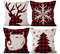 Aoihrraan 46x46cm Confezione da 4 Buon Natale Federe CusciniNatale Albero Babbo Natale Cervo Fiocco Di Neve Biancheria Quadrata Federe Per Cuscini Lino Salotto Divano Regalo, Bianco Rosso Plaid