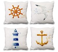 Aoihrraan 46x46cm Confezione da 4 Copricuscini Nautico Ancora Timone Gabbiano Faro Bianco Quadrata Estate Federe Per Cuscini In Lino Per Soggiorno Camera Da Letto Divano All'Aperto Giardino Sedia