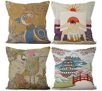 Aoihrraan 51x51cm Confezione Da 4 Copricuscini Divano Stile Giapponese Astratto Uccello Monte Fuji Biancheria Quadrata Federe Per Cuscini Decorazione In Lino Taverna Arredo Tatami Letto Soggiorno