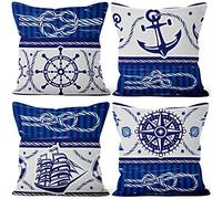 Aoihrraan 51x51cm Confezione da 4 Nautico Vela Copricuscini Divano Blu Navy Bianco Ancora Navigazione Bussola Barca A Vela Federe Per Cuscini Decorazione Lino Camera Da Letto All'Aperto Divano