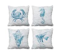 Aoihrraan 51x51cm Confezione da 4 Tema Blu Costiero Copricuscini Divano Acquerello Conchiglia Mare Tartaruga Marino Granchio Quadrata Federe Per Cuscini In Lino Per Soggiorno All'Aperto Divano
