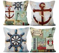 Aoihrraan 56x56cm Confezione da 4 Retrò Nautico Vela Copricuscini Divano Ancora Navigazione Bussola Barca A Vela Federe Per Cuscini Decorazione Lino Ragazzo Camera Da Letto Interno All'Aperto Divano