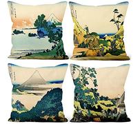 Aoihrraan 60x60cm Set Di 4 Stampa Artistica Giapponese Federe di Cuscini 36 Viste Monte Fuji Natura Morbido Peluche Corto Quadrato Copricuscini Divano Giappone Taverna Sofà Arredo Casa Per Tatami