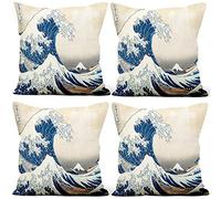 Aoihrraan 60x60cm Set Di 4 Stampa Artistica Giapponese Federe di Cuscini Orientale Tradizionale Schiuma Onde Oceaniche Morbido Peluche Corto Quadrato Copricuscini Divano Giappone Taverna Sofà Tatami