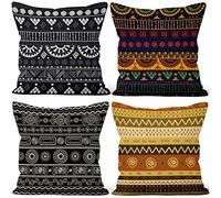 Aoihrraan 60x60cm Set di 4 Stile Boho Federe Cuscini Nero Giallo Decorativo Indiano Vintage Modello Morbido Peluche Corto Quadrato Copricuscini Divano Letto Camera Agriturismo All'Aperto Giardino
