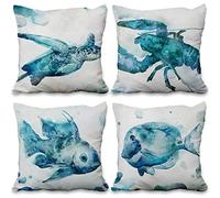 Aoihrraan 61x61cm Confezione da 4 Animali Marini Copricuscini Divano Blu Mare Tartaruga Gambero Pescare Quadrata Federe Per Cuscini In Lino Per Vacanza Estate Salotto Camera Da Letto All'Aperto Divano
